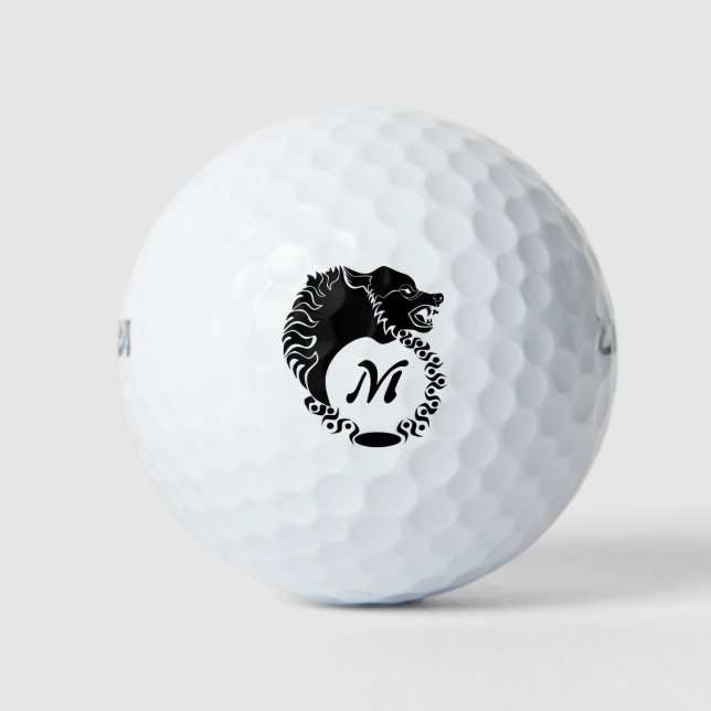 Pelotas De Golf Monograma de la cabeza tribal del lobo negro Silho (Anverso)