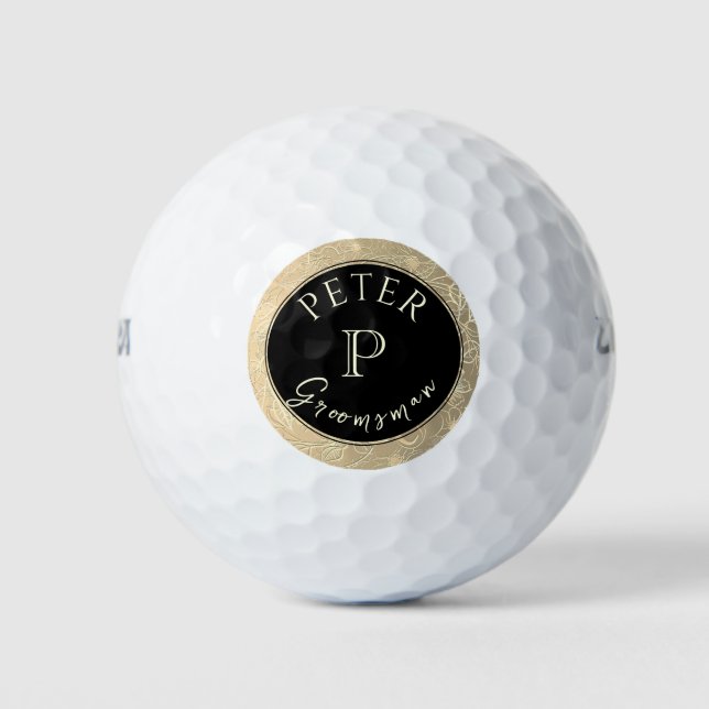 Pelotas De Golf Monograma de oro negro Groomsman personalizado (Anverso)