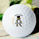 Pelotas De Golf Monograma de oro negro Mejor Favor de Boda de Homb<br><div class="desc">Esta exclusiva pelota de golf está diseñada como un regalo para tu Mejor Hombre. Presenta un diseño divertido con un sombrero de techo negro y dorado sobre un fondo blanco. Hay incluso una capa única del monograma — miren de cerca y verán tres colores, lo que le da la sensación...</div>