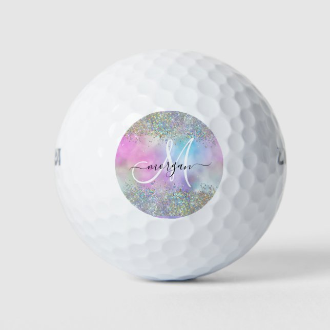 Pelotas De Golf Monograma de pasteles arcoiris Purpurina holográfi (Anverso)