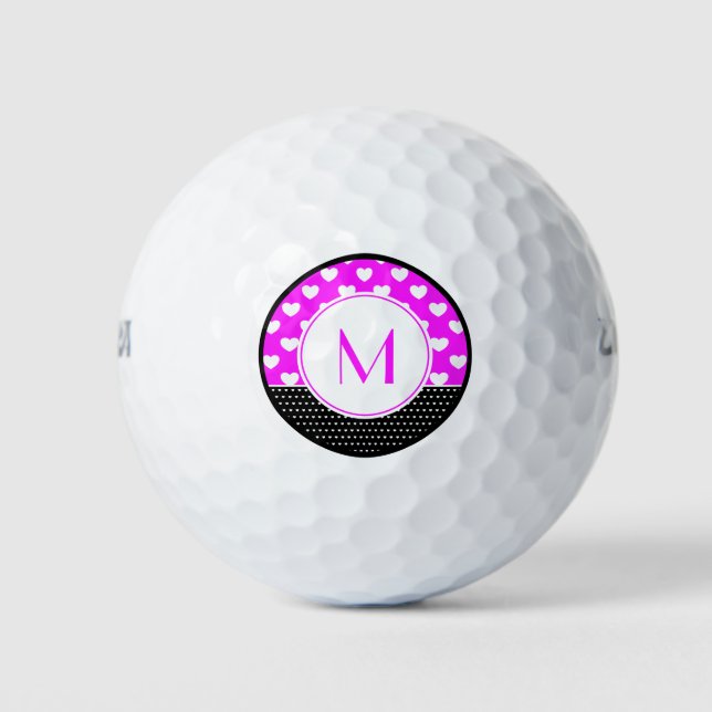 Pelotas De Golf Monograma De Personalizado Rosa, Negro Y Blanco (Anverso)