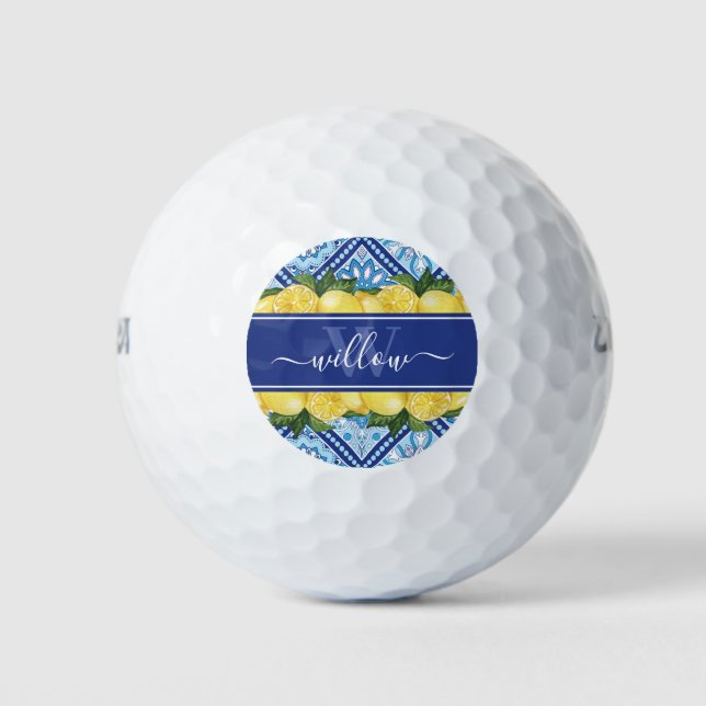 Pelotas De Golf Monograma de rebote de mosaico azul de limón (Anverso)
