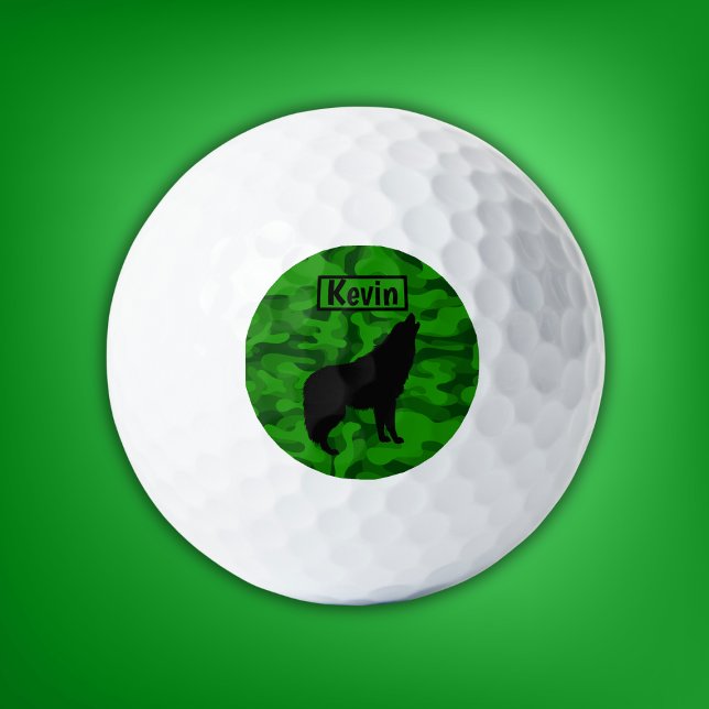 Pelotas De Golf Monograma de silueta de lobo negro verde moderno | (Subido por el creador)