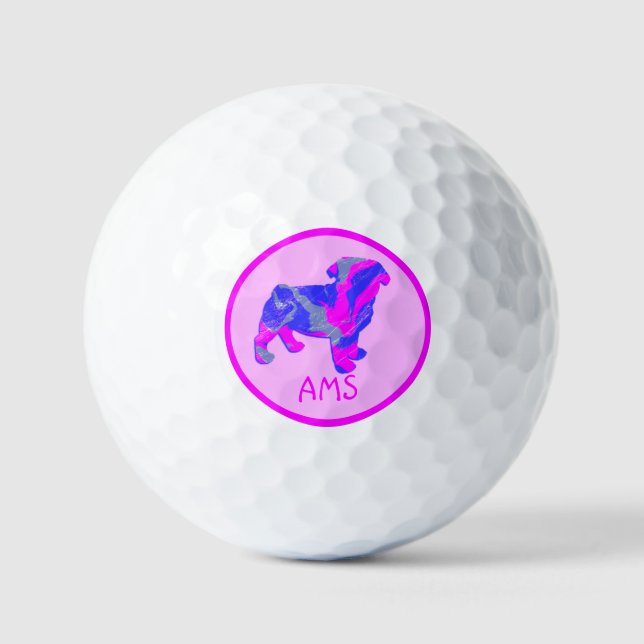 Pelotas De Golf Monograma de silueta de perro rosado Pug Cute (Anverso)