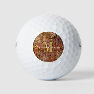 Pelotas De Golf Monograma dorado inicial y nombre en Leopard Skin