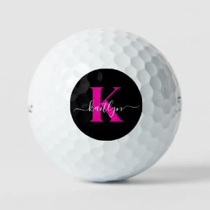 Pelotas De Golf Monograma Elegante de Negro y Rosa Caliente en Let