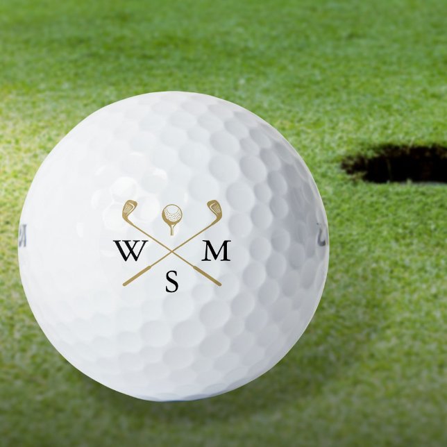 Pelotas De Golf Monograma elegante personalizado en negro y dorado (Custom Elegant Black And Gold Monogram Golf Balls)