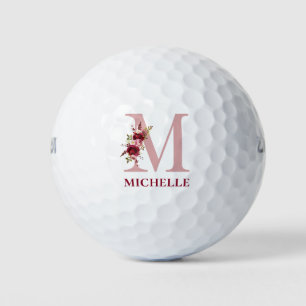 Pelotas De Golf Monograma inicial M floral rosa sonrojado