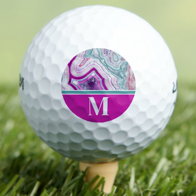 Pelotas De Golf Monograma inicial moderno y elegante (Modern Turquoise Magenta Stone Initial Monogram Golf Balls)