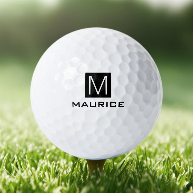 Pelotas De Golf Monograma masculino moderno cuadrado negro (Modern masculine monogram black square golf balls)