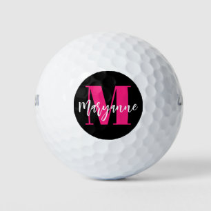 Pelotas De Golf Monograma moderno de escritura rosa negro inicial