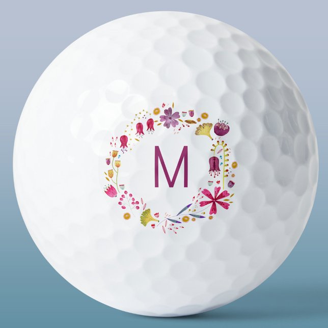 Pelotas De Golf Monograma moderno de flor acuática (Modern monogram initial personalized watercolor wildflower floral golf ball)