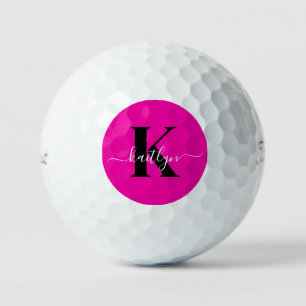 Pelotas De Golf Monograma moderno de guión negro rosa caliente