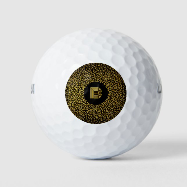 Pelotas De Golf Monograma moderno de puntos dorados negro (Anverso)
