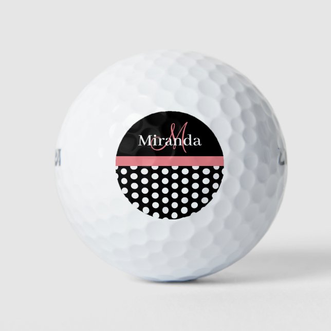 Pelotas De Golf Monograma negro blanco rosado Polka Dot (Anverso)