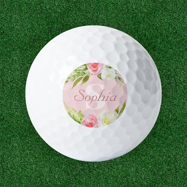 Pelotas De Golf Monograma Nombre acuarela rosa Flora (Subido por el creador)
