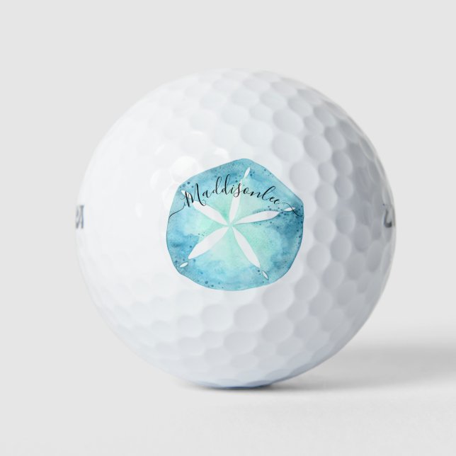 Pelotas De Golf Monograma Nombre Agua Azul Arena Dólar (Anverso)