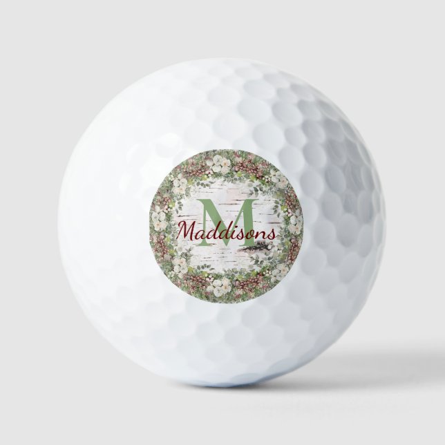 Pelotas De Golf Monograma Nombre Invierno Woodland White Rose Pine (Anverso)