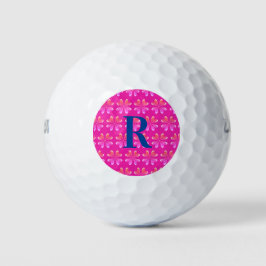 Pelotas De Golf Monograma Patrón inicial de flor retro rosa calien