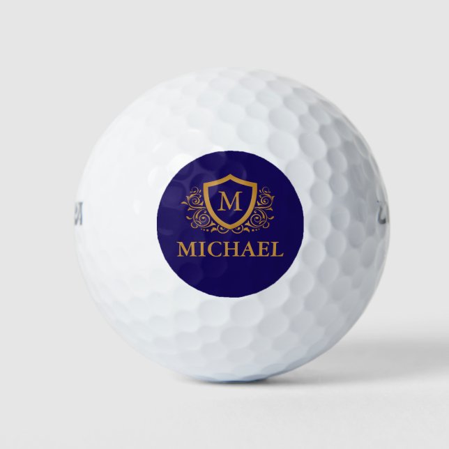 Pelotas De Golf Monograma personalizado azul marino y oro (Anverso)