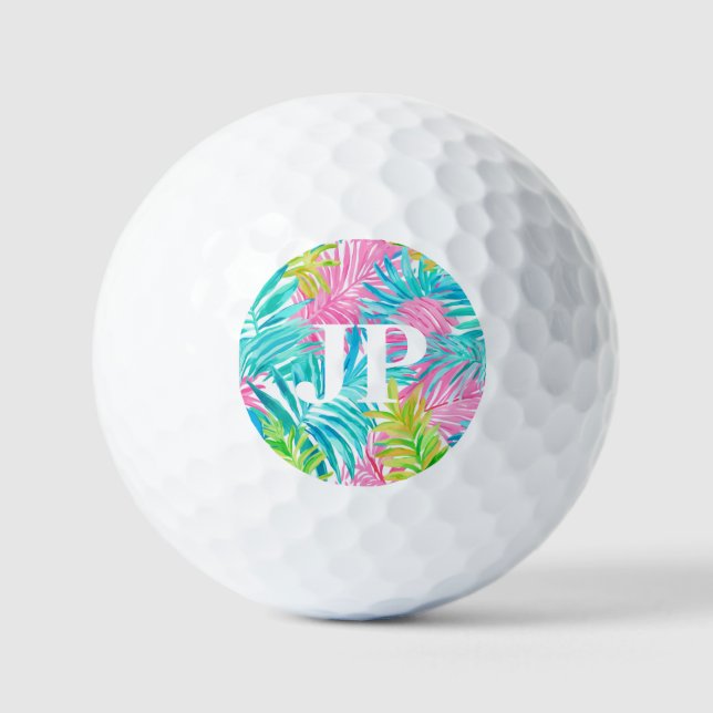 Pelotas De Golf Monograma Personalizado de hojas tropicales colori (Anverso)