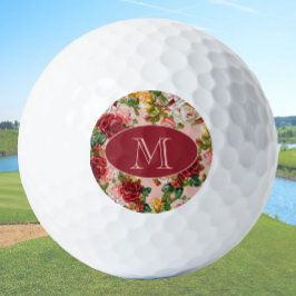 Pelotas De Golf Monograma Personalizado floral de rosas rosas rosa