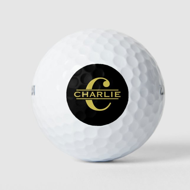 Pelotas De Golf Monograma Personalizado Y Nombre Negro Y Oro (Anverso)