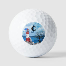 Pelotas De Golf Monograma Red & Blue Lighthouse Watercolor Scene