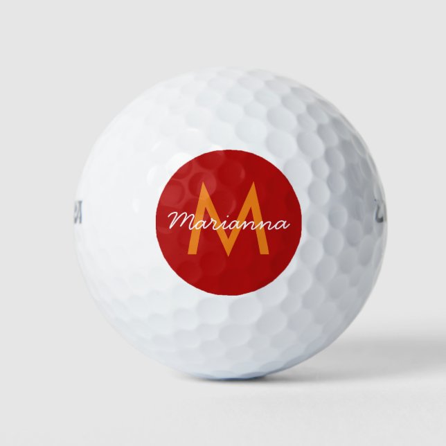 Pelotas De Golf Naranja Rojo Monograma moderno Nombre (Anverso)