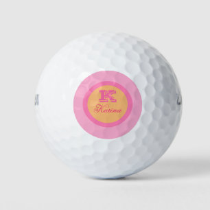 Pelotas De Golf Naranja rosa brillante simple Monograma Nombre mod