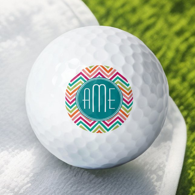 Pelotas De Golf Naranja Verde azulado rosa caliente Chevrons Perso (Add Your Monogram to this Personalized Golf Ball)