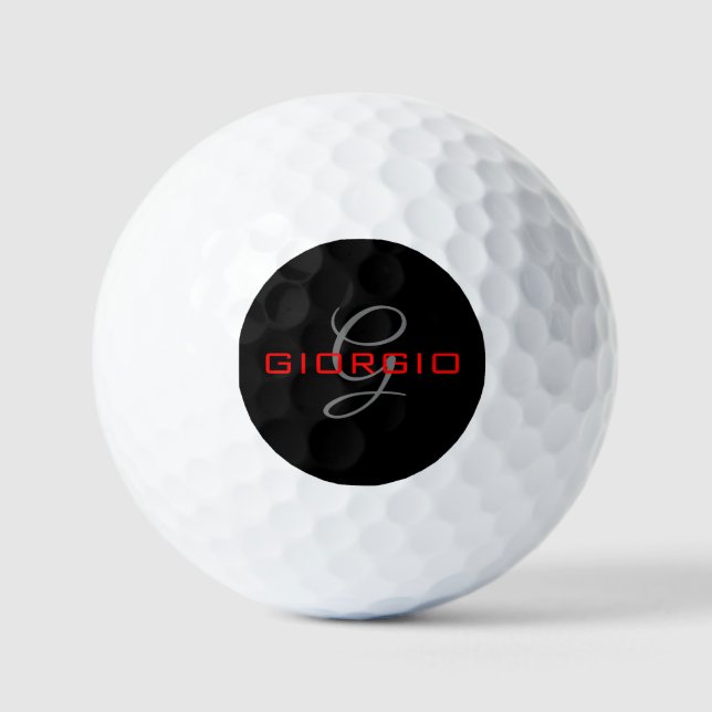 Pelotas De Golf Negro Rojo su nombre Monograma inicial moderno (Anverso)