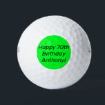 Pelotas De Golf Neon Green Elegant 70th Birthday Color Dad Bright<br><div class="desc">Felices pelotas de golf de 70 años. Negro verde,  elegante,  fluorescente de moda,  nombre,  bolas de golf modernas. Negrita,  brillante,  patrón. Perfecto para él.</div>
