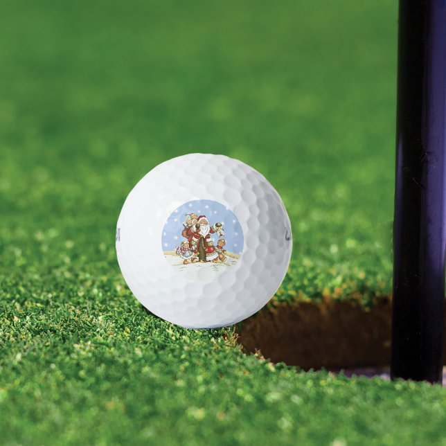 Pelotas De Golf Niños Navidades de Arte Cute Santa Folk (Santa Clause walking in snow with little children carrying latern on golf balls.)