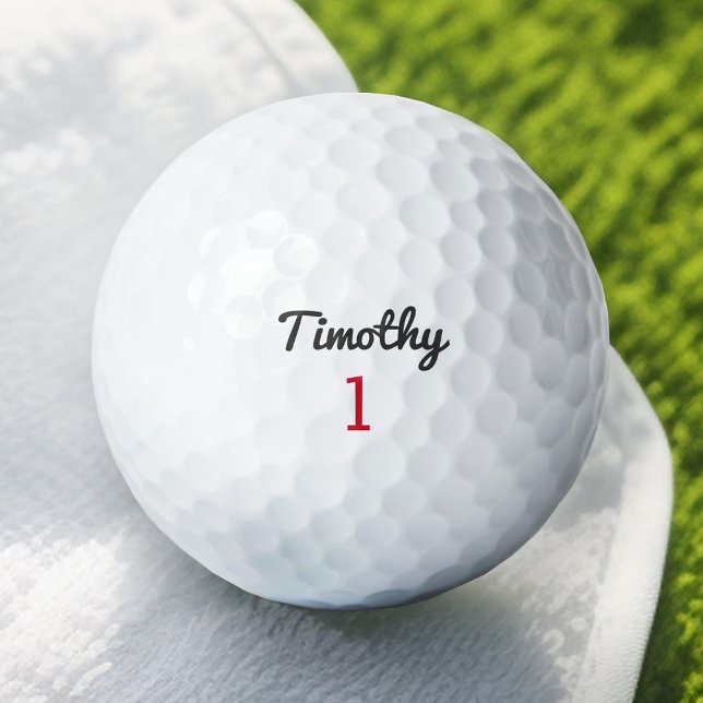 Pelotas De Golf Nombre de guión negro tradicional y número rojo (Personalized Golf Ball - add a name and number)