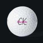 Pelotas De Golf Nombre de las iniciales de los monogramas rosados<br><div class="desc">Fondo blanco,  texto rosa caliente y negro. Personalice y agregue sus iniciales y nombre de monograma. El nombre está escrito con una escritura de estilo con letras a mano moderna.</div>