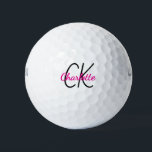 Pelotas De Golf Nombre de las iniciales de los monogramas rosados<br><div class="desc">Fondo blanco,  texto rosa caliente y negro. Personalice y agregue sus iniciales y nombre de monograma. El nombre está escrito con una escritura de estilo con letras a mano moderna.</div>
