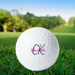 Pelotas De Golf Nombre de las iniciales de los monogramas rosados<br><div class="desc">Fondo blanco,  texto rosa caliente y negro. Personalice y agregue sus iniciales y nombre de monograma. El nombre está escrito con una escritura de estilo con letras a mano moderna.</div>