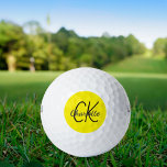 Pelotas De Golf Nombre de las iniciales del monograma amarillo<br><div class="desc">Fondo amarillo,  texto negro y gris. Personalice y agregue sus iniciales y nombre de monograma. Tanto para él como para ella. El nombre está escrito con una escritura de estilo con letras a mano moderna.</div>