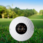 Pelotas De Golf Nombre minimalista de las iniciales del monograma<br><div class="desc">Fondo negro,  texto dorado y blanco. Personalice y agregue sus iniciales y nombre de monograma. Tanto para él como para ella. El nombre está escrito con una escritura de estilo con letras a mano moderna.</div>