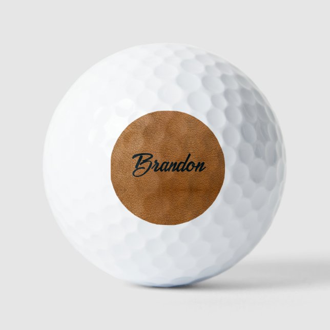 Pelotas De Golf Nombre personalizado cuero marrón (Anverso)