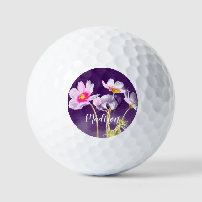 Pelotas De Golf Nombre personalizado de floral púrpura femenino (Anverso)