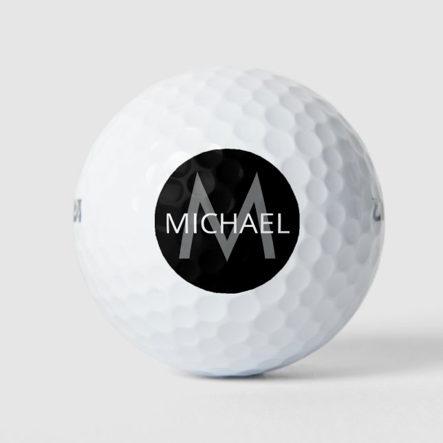 Pelotas De Golf Nombre personalizado y monograma inicial gris negr (Anverso)