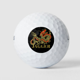 Pelotas De Golf Oro Rojo Fantasía Negra Dragón Chino Monograma