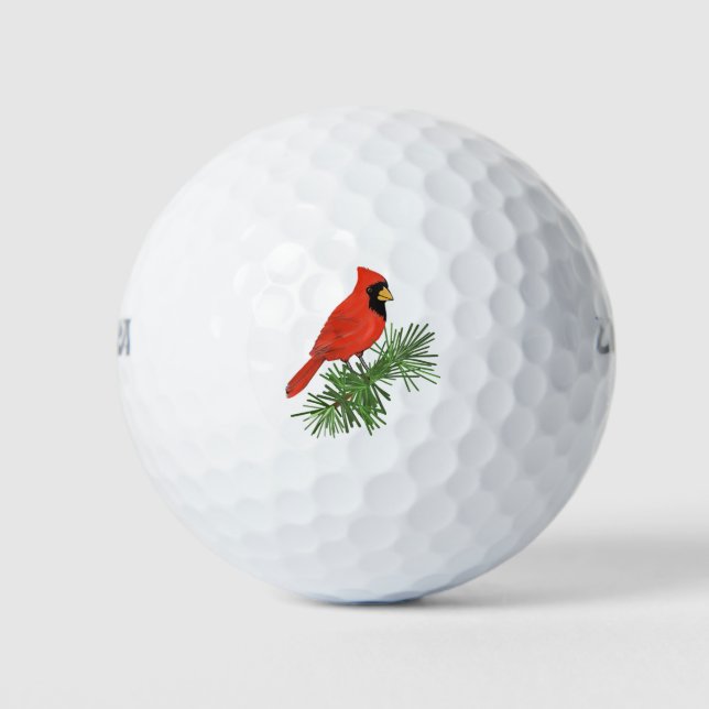 Pelotas De Golf Pájaro cardenal rojo en árbol de pino (Anverso)