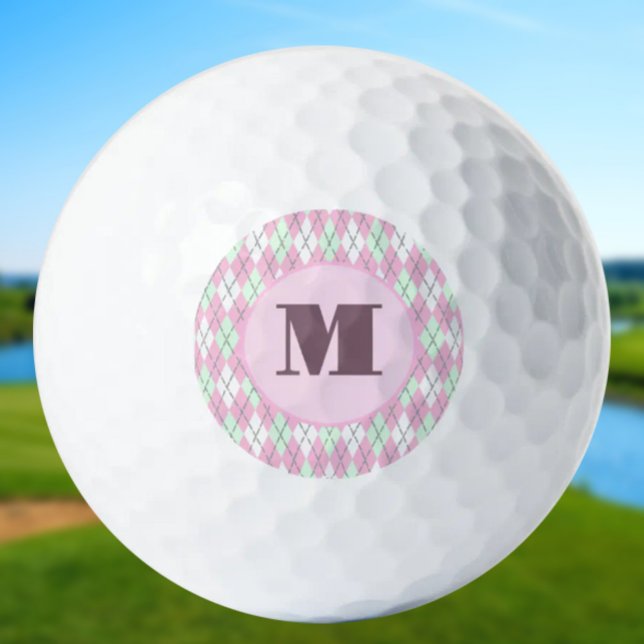 Pelotas De Golf Pale pink green argyle custom monogram ladies (Subido por el creador)
