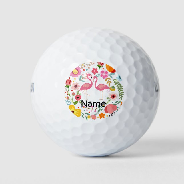 Pelotas De Golf Parada de la pareja Flamingo en flor con nombre (Anverso)