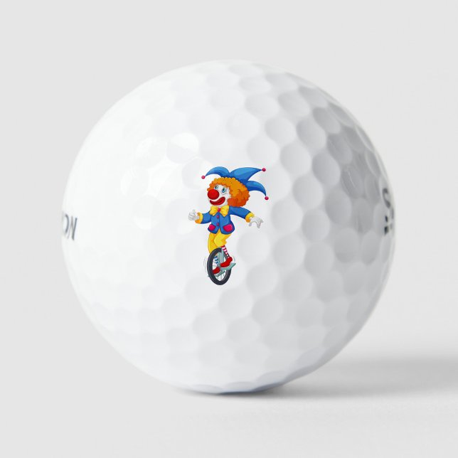 Pelotas De Golf Payaso feliz (Illustration of a clown riding a unicycle, the clown has white skin, light blue eyes. )