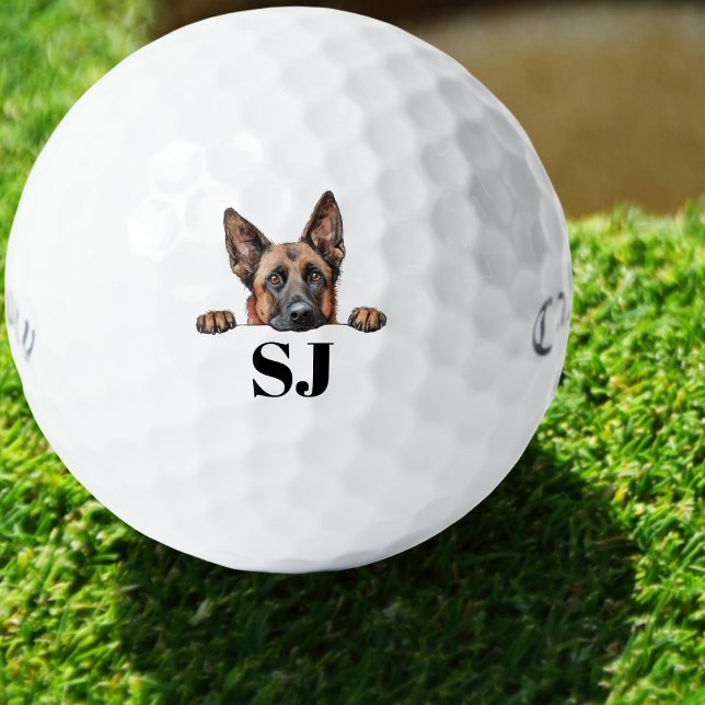 Pelotas De Golf Perro personalizado Monogramado (Custom golf ball with watercolor dog design and monogrammed initials — perfect gift for dog lovers.)