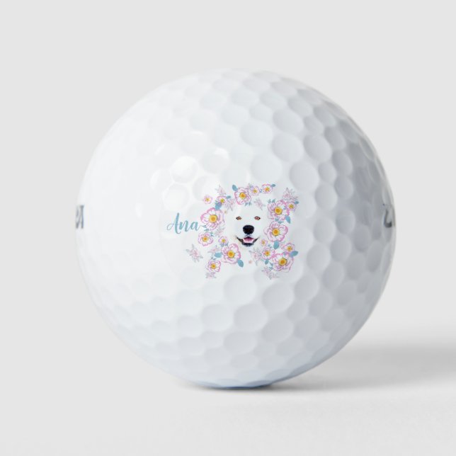 Pelotas De Golf Perro Samoyed y flores rosadas personalizadas (Anverso)
